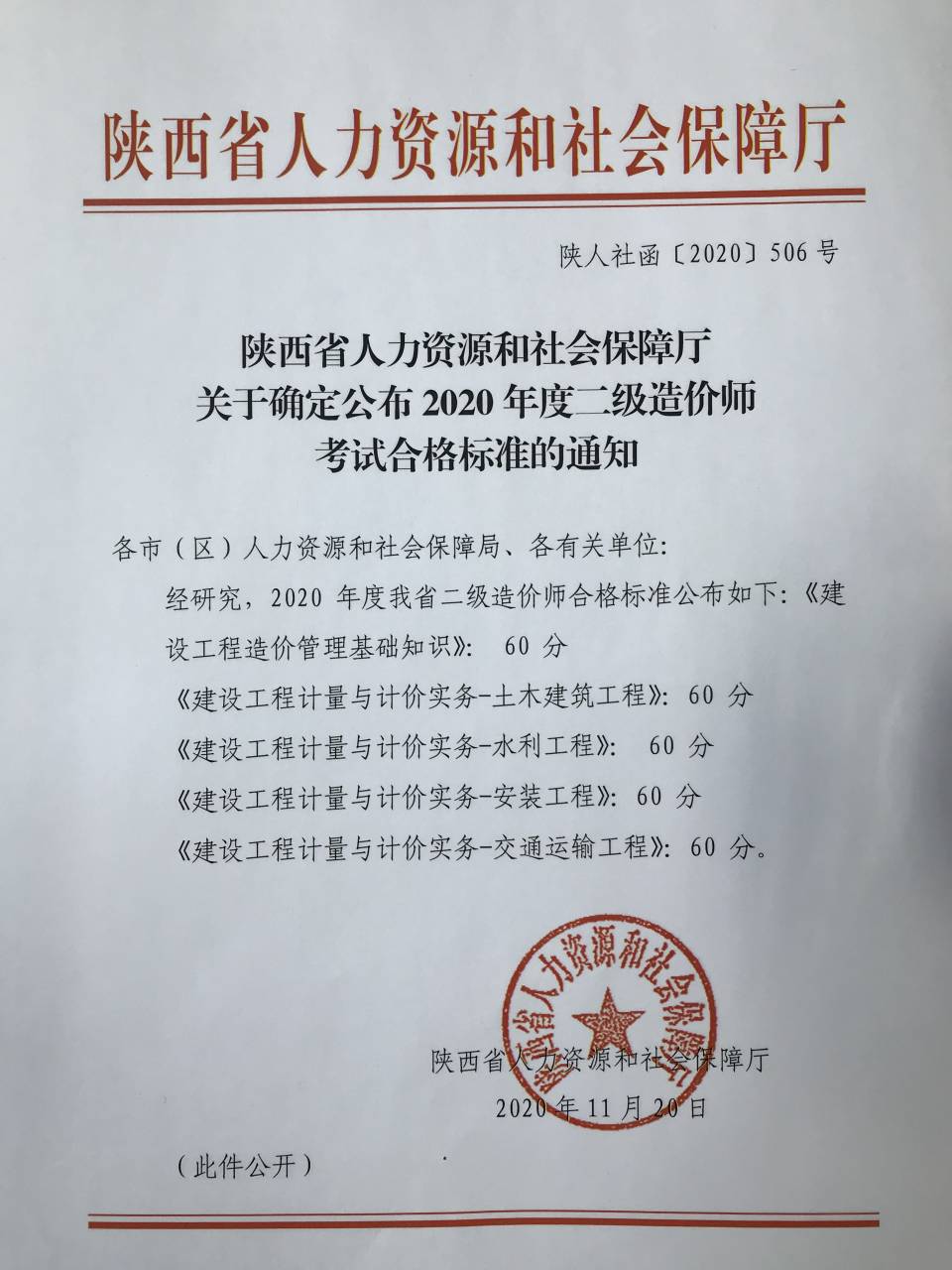 陕西2020年二造考试成绩公布，合格线多少？